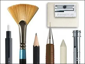 Art materials pencils, erasers, brush