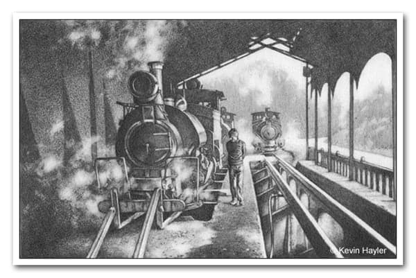 Composition using lead-lines to draw the eye into the picture. A pencil drawing of a steam train by Kevin Hayler