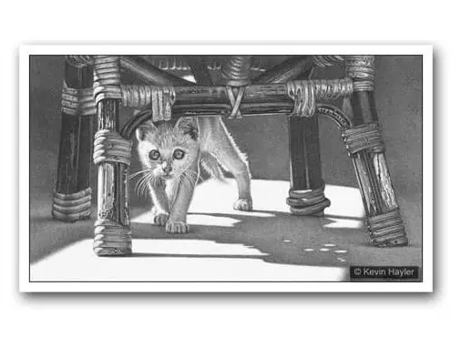 Add Depth to Your Drawing Using Shadow. An example drawing of a kitten under a chair with heavy shadows