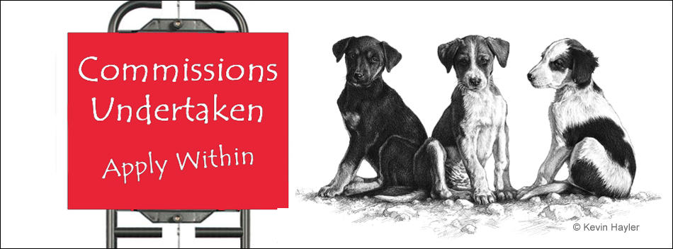 Commissions Undertaken sign with a drawing of 3 puppies