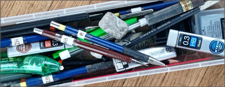 Pencil box with the art materials used by Kevin Hayler